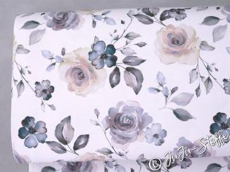 Bio Jersey Blüten und Blätter dusty blue GOTS 