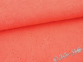 Musselin mit Lochstickerei Blumen koralle 