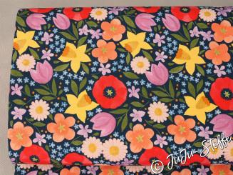 Baumwolle Popeline Blumenwiese dunkelblau von Hilco Öko-Tex 