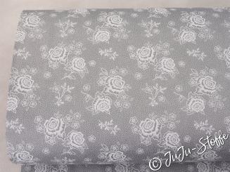 Baumwollsatin Rosen und Blätter hellgrau Öko-Tex 