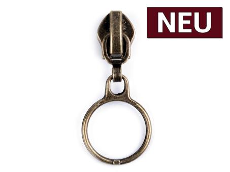 Zipper mit Ring für Endlos Reißverschluss 6mm/5mm altmessing 