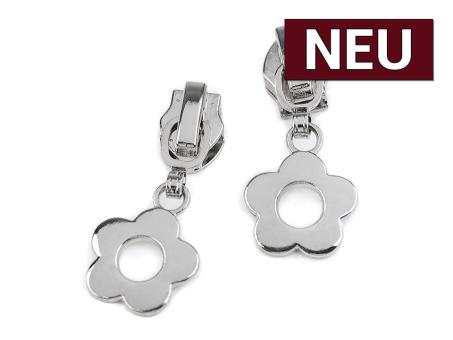 Zipper mit Blume für Endlos Reißverschluss 6mm/5mm silber 