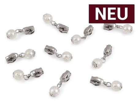 Zipper mit Perle transparent für Endlos Reißverschluss 3mm silber 